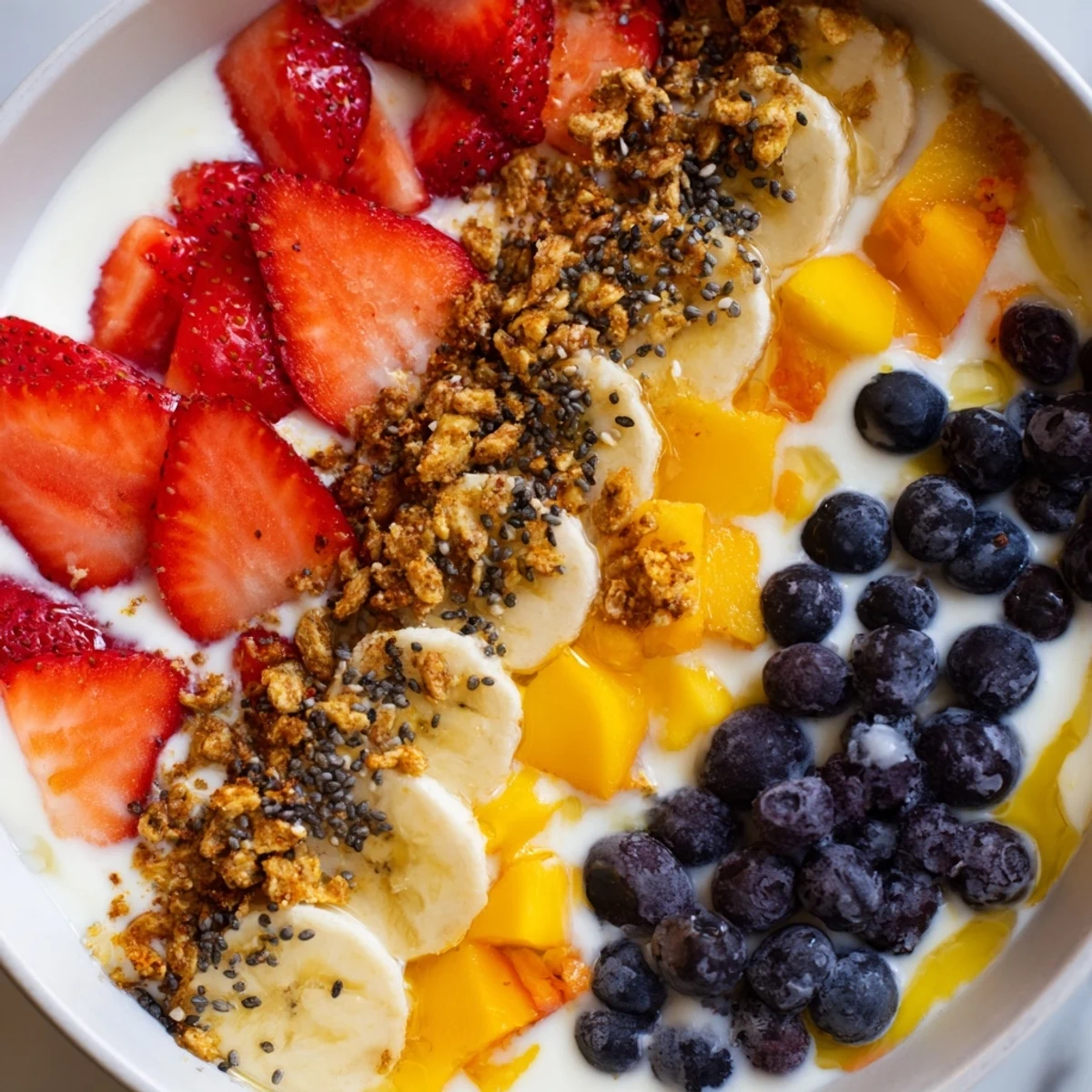Vibrant yogurt fruit bowl featuring sliced banana, diced mango, and sprinkled chia seeds