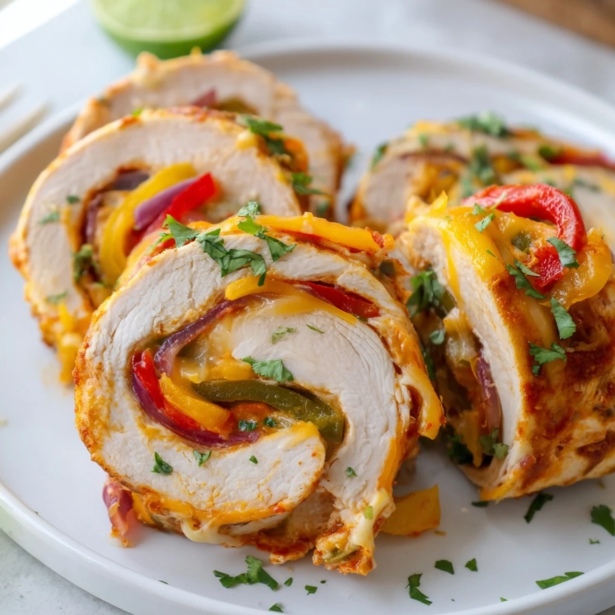 Golden baked chicken fajita roll ups with melted cheese oozing over colorful pepper strips