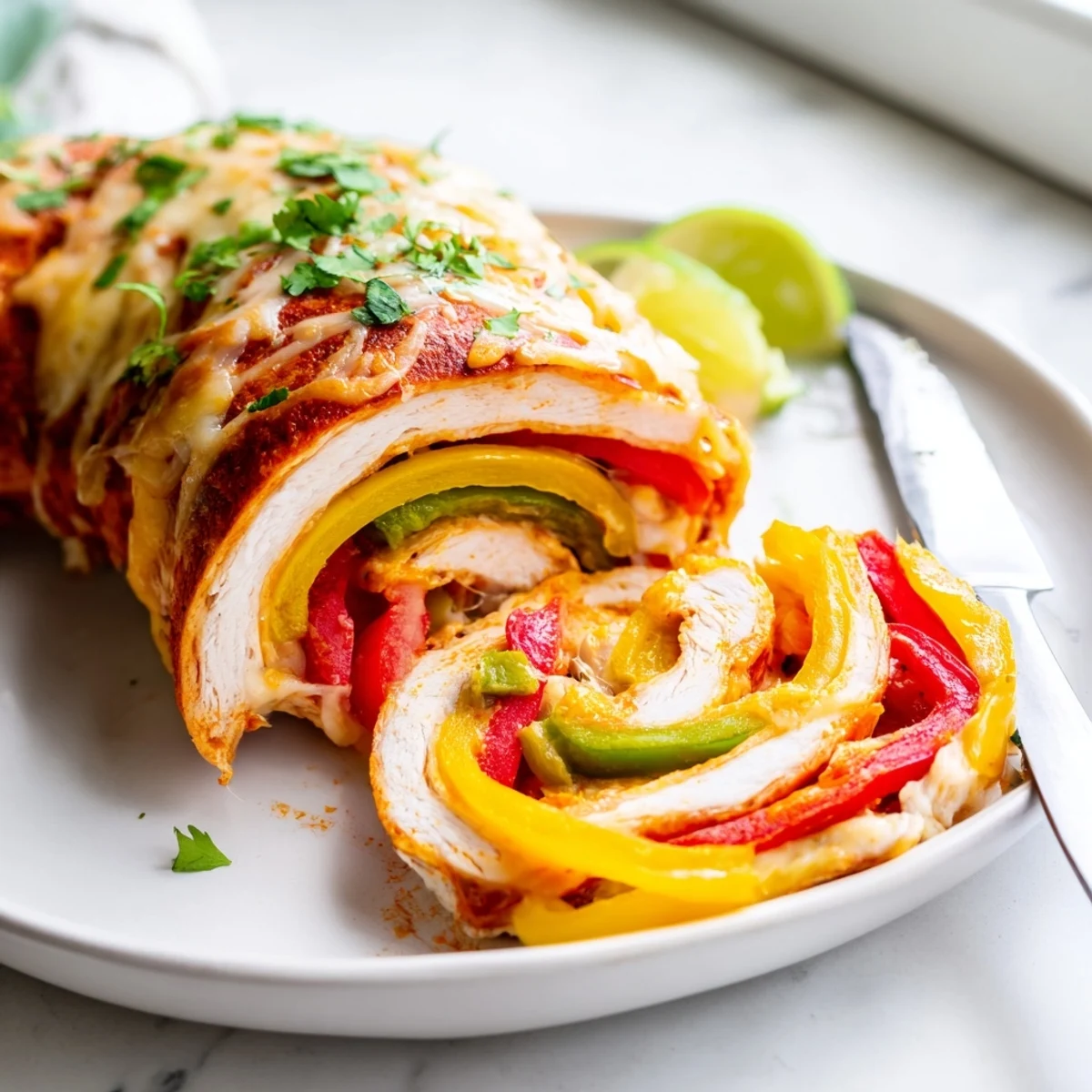 Juicy baked chicken fajita roll ups resting in a dish alongside vibrant tri-color bell peppers