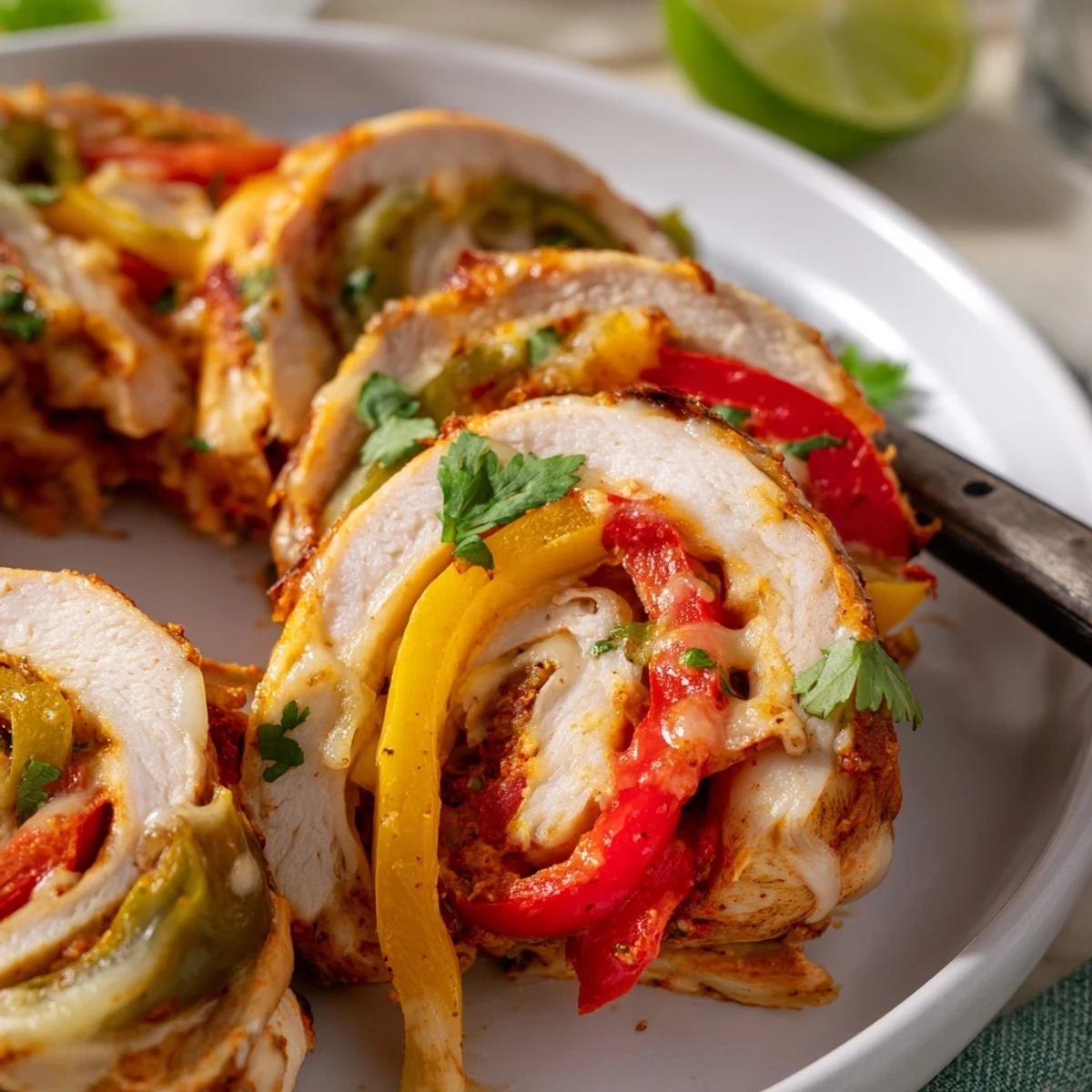 Spiraled baked chicken fajita roll ups garnished with cilantro and a fresh lime wedge