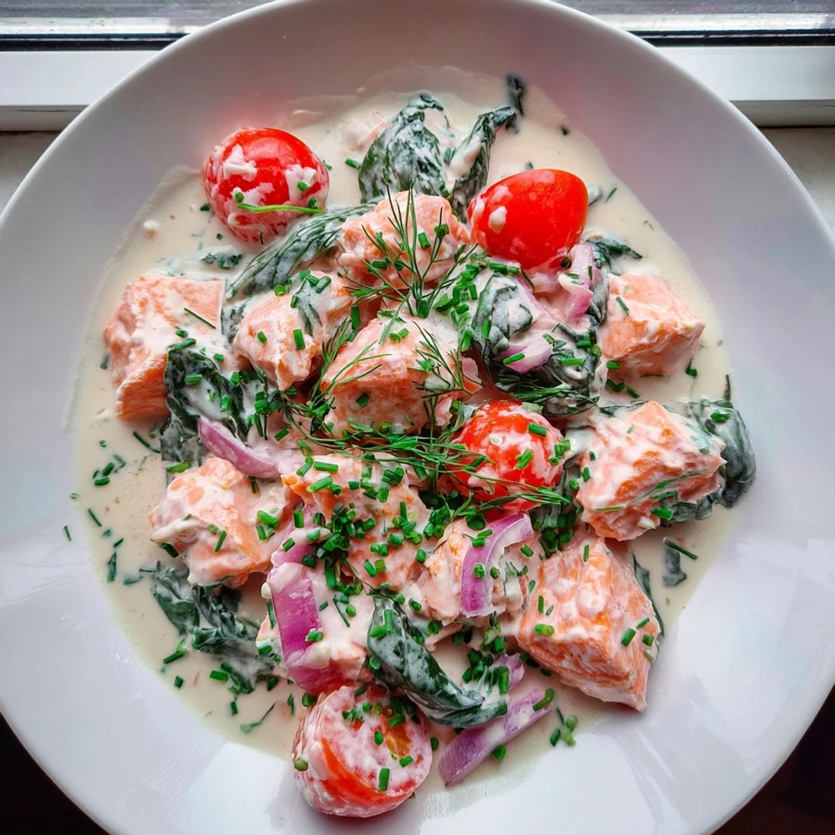 Creamy leftover salmon recipe served in a skillet with spinach and tomatoes