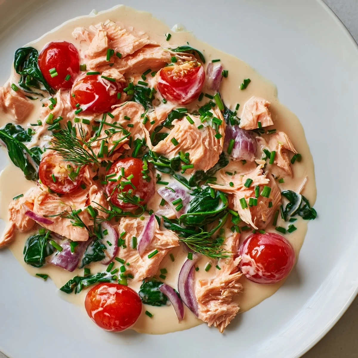Golden flakes of salmon in a creamy sauce with wilted spinach and cherry tomatoes