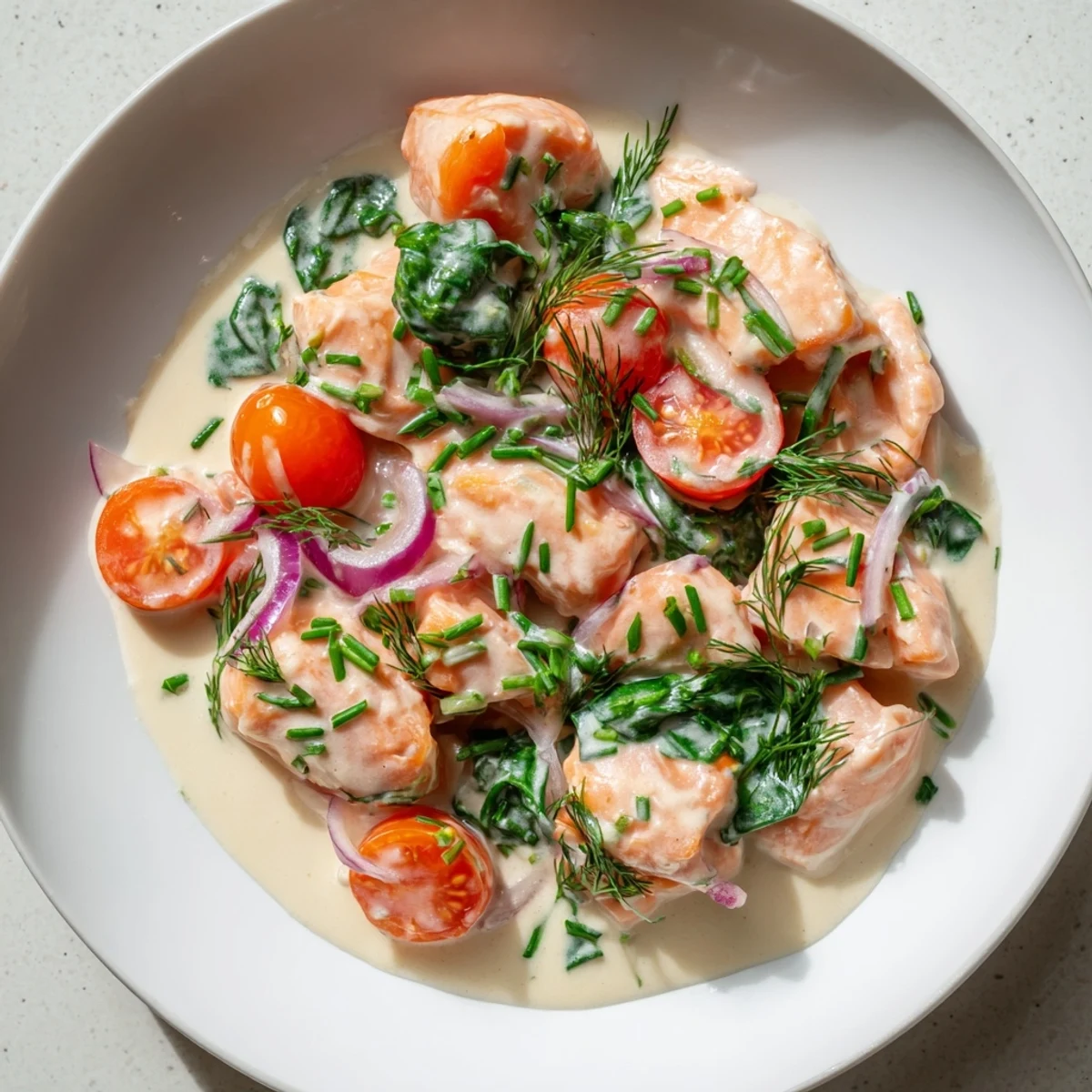 Healthy creamy leftover salmon recipe topped with fresh dill and chives