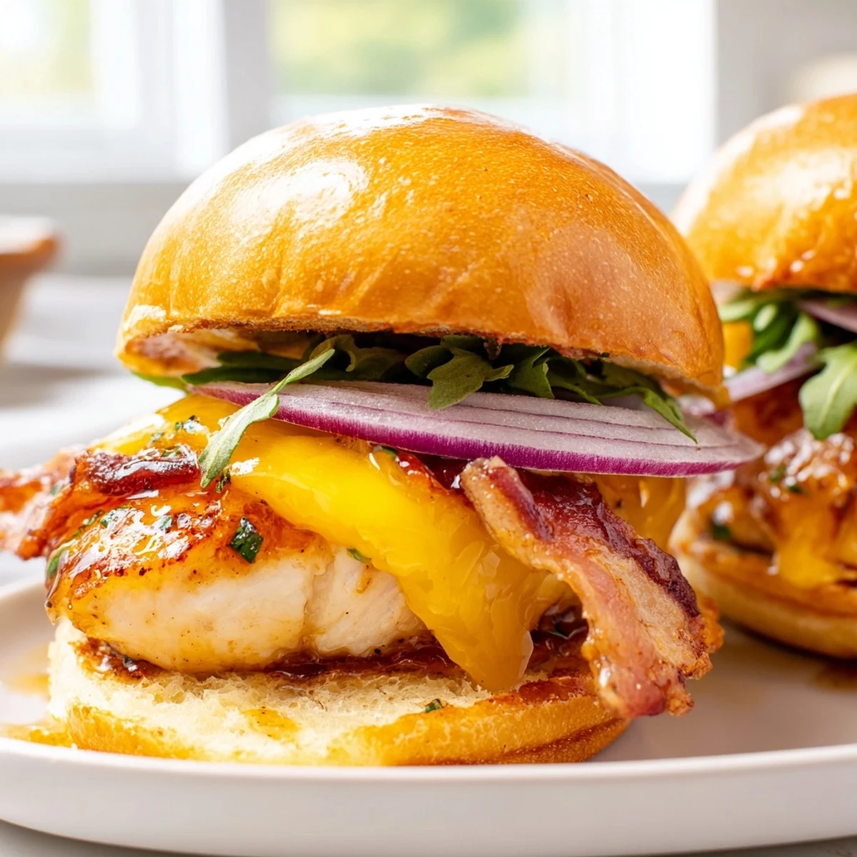 Juicy maple chicken bacon sliders drizzled with sweet sticky glaze served on buttery toasted buns