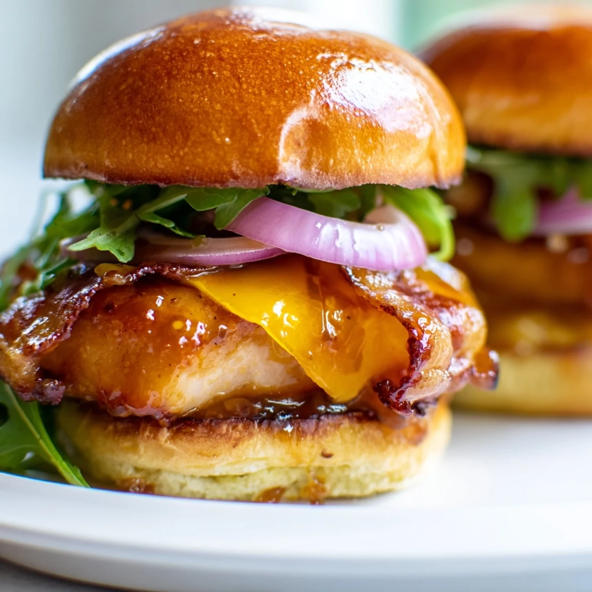 Golden maple chicken bacon sliders stacked on toasted buns with melted cheddar and crispy bacon strips