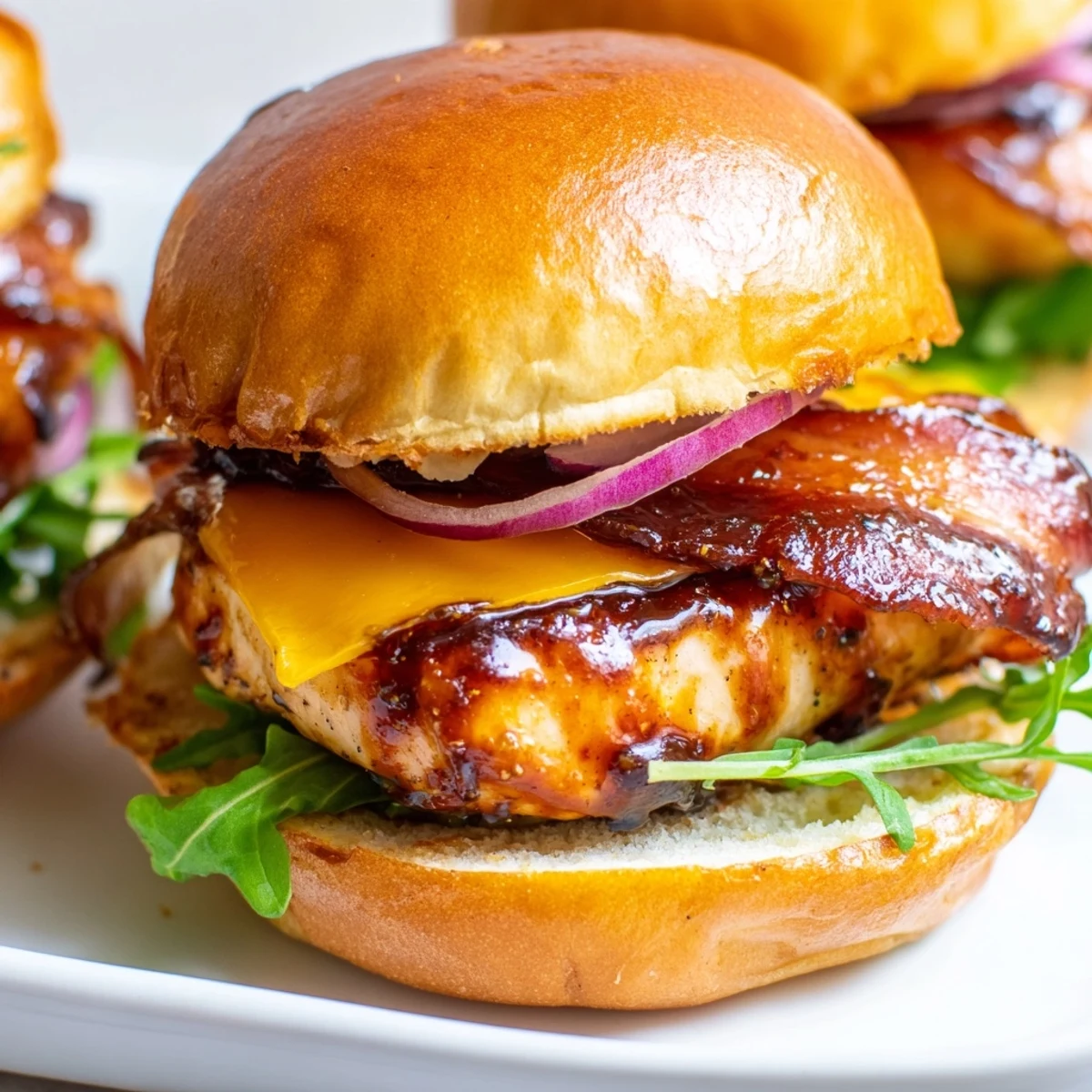 Crispy bacon and tender maple glazed chicken sliders topped with fresh arugula on soft golden buns