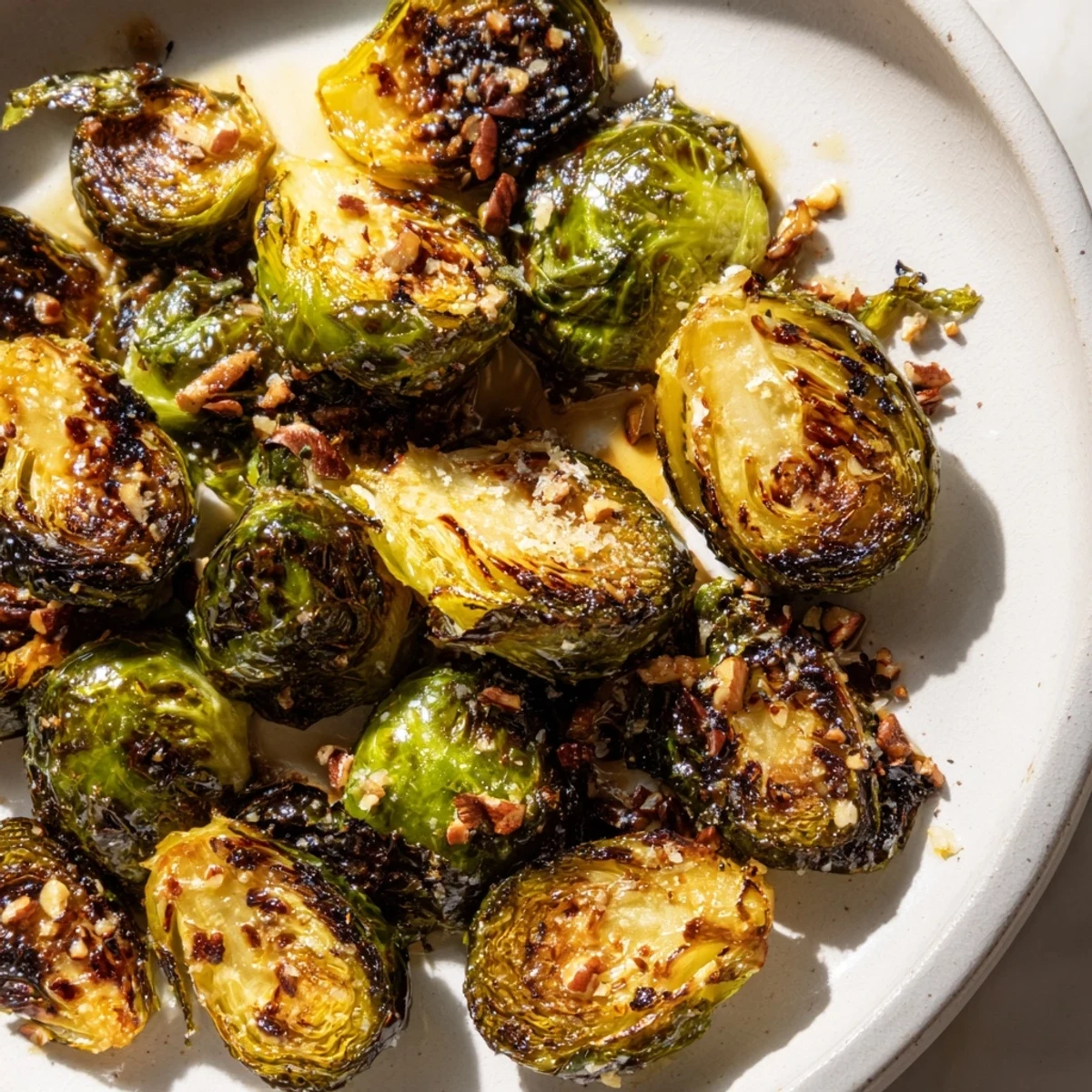 Caramelized honey balsamic Brussels sprouts served in a rustic white bowl with toasted pecans