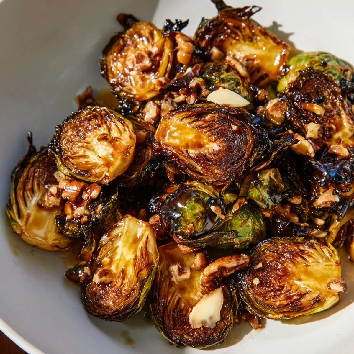 Crispy honey balsamic Brussels sprouts roasted golden with a sweet sticky glaze