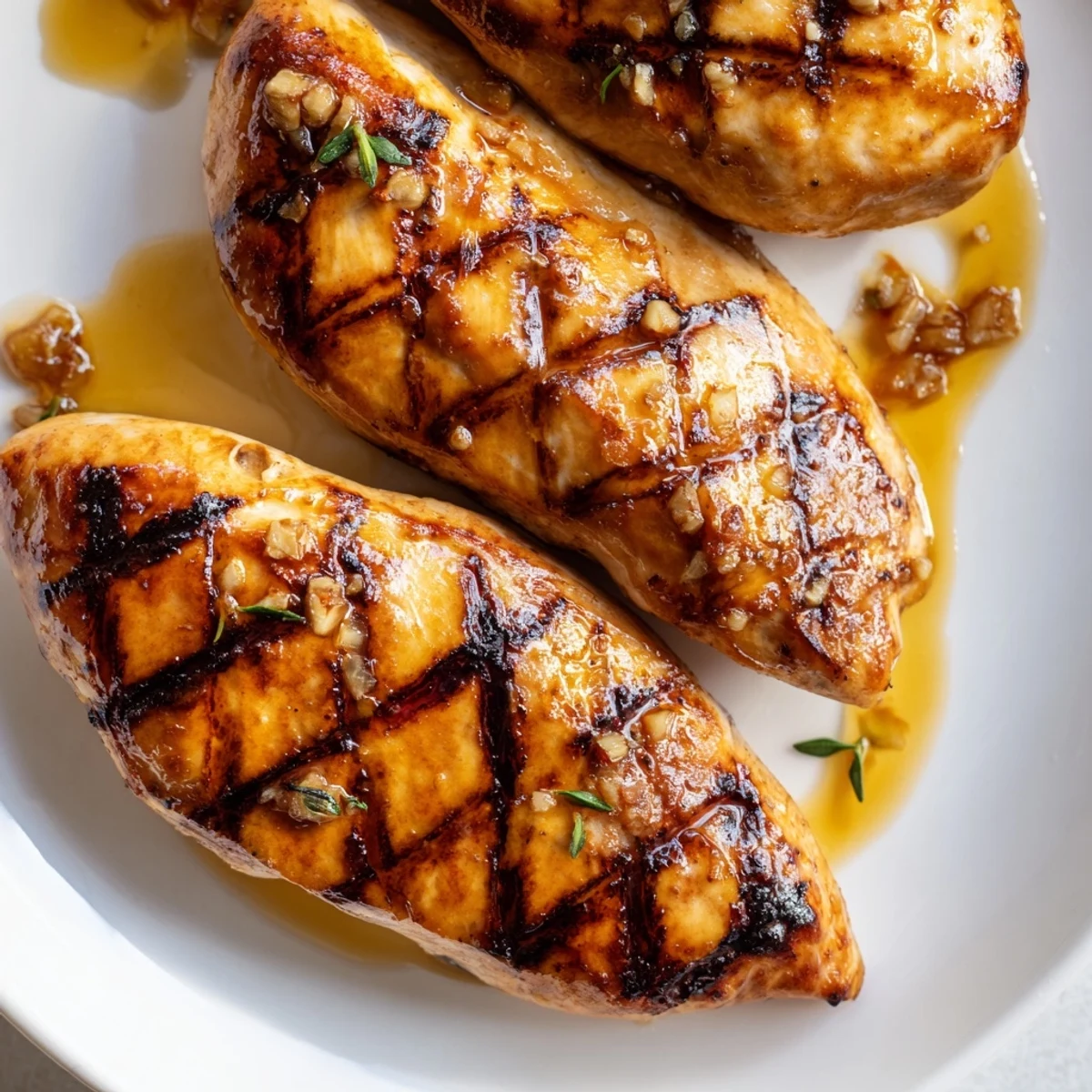 Charred Maple Dijon Grilled Chicken on a platter with fresh thyme sprigs