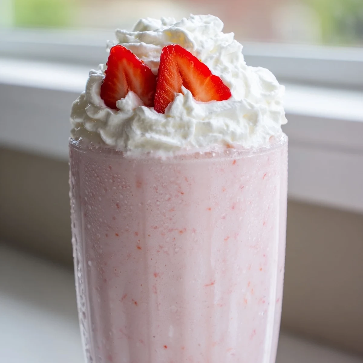 Thick pink strawberry milkshake served in a chilled glass with garnish