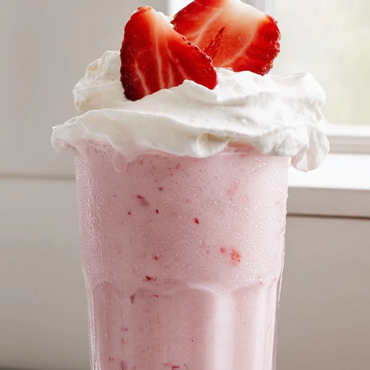 Creamy strawberry milkshake topped with whipped cream and fresh strawberry slices
