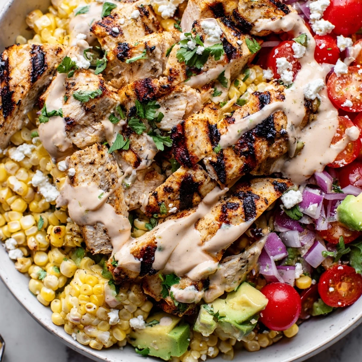 High Protein Chicken Street Corn Salad loaded with charred kernels and creamy lime dressing