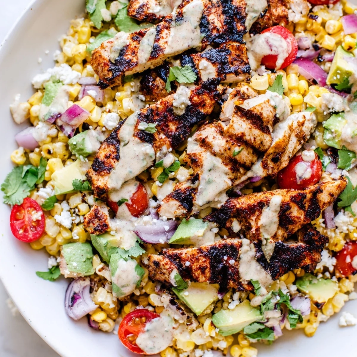 High Protein Chicken Street Corn Salad featuring sliced grilled chicken and vibrant avocado chunks