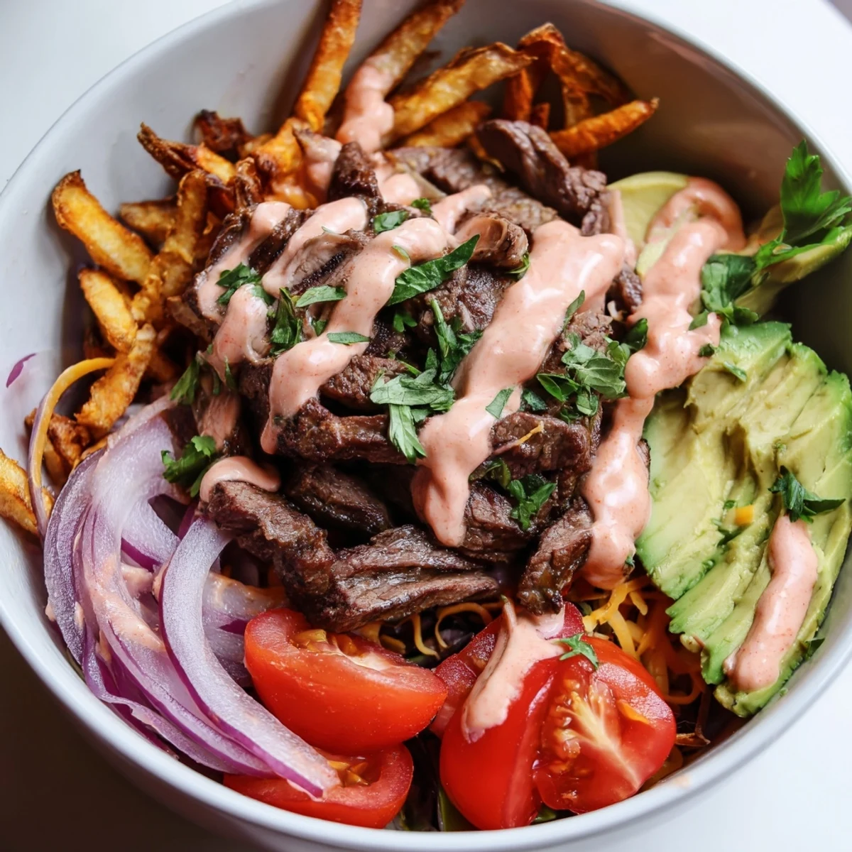 Golden steak strips crispy fries bowl loaded with fresh greens and zesty mustard sauce