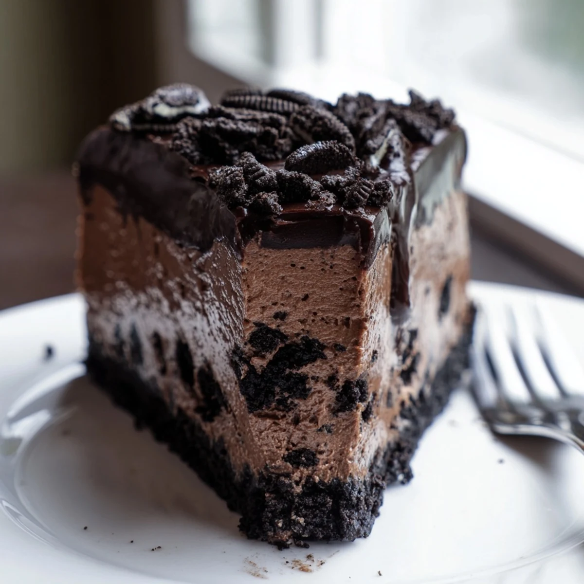 Creamy Oreo chocolate cheesecake sliced to reveal a rich ganache topping and cookie crust