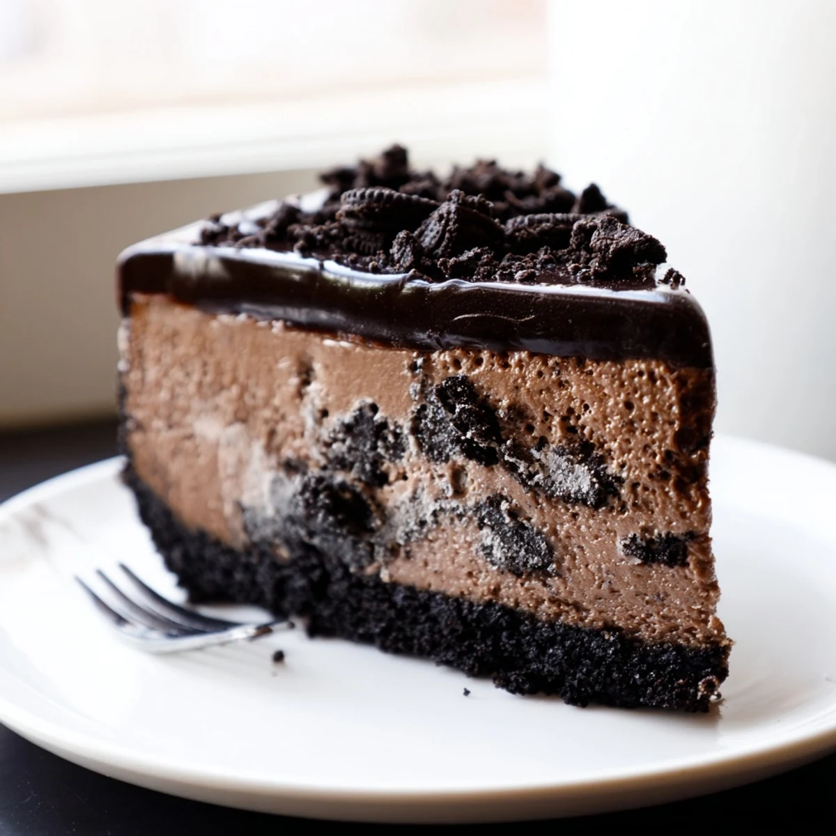 Dark chocolate Oreo cheesecake glistening under a glossy ganache layer on a dessert plate