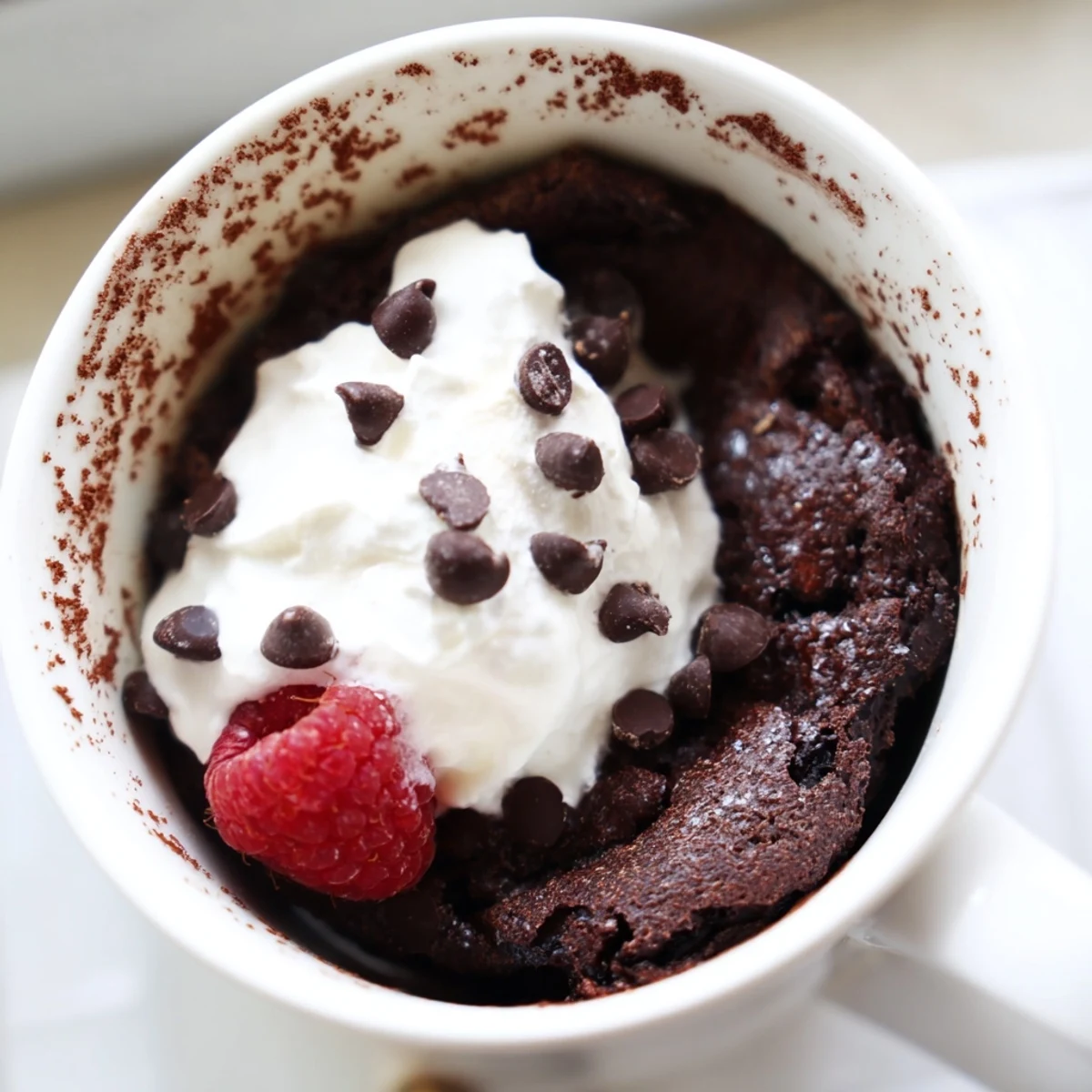 Warm gluten free chocolate mug cake topped with a fluffy dollop of whipped cream