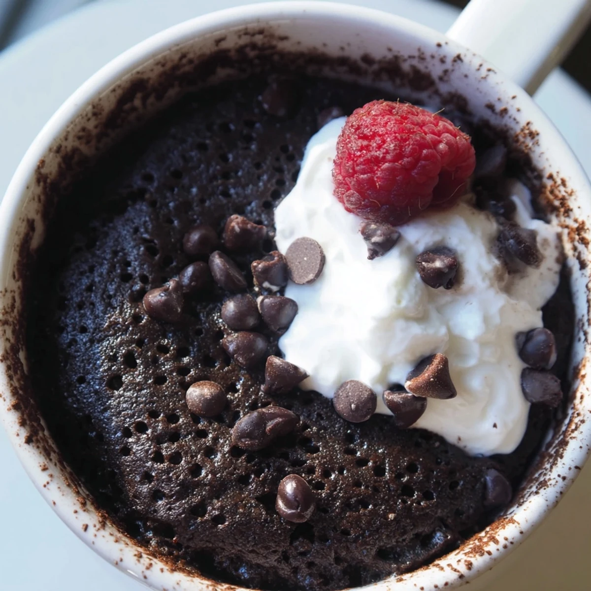 Rich gluten free chocolate mug cake in a white ceramic mug steaming freshly cooked