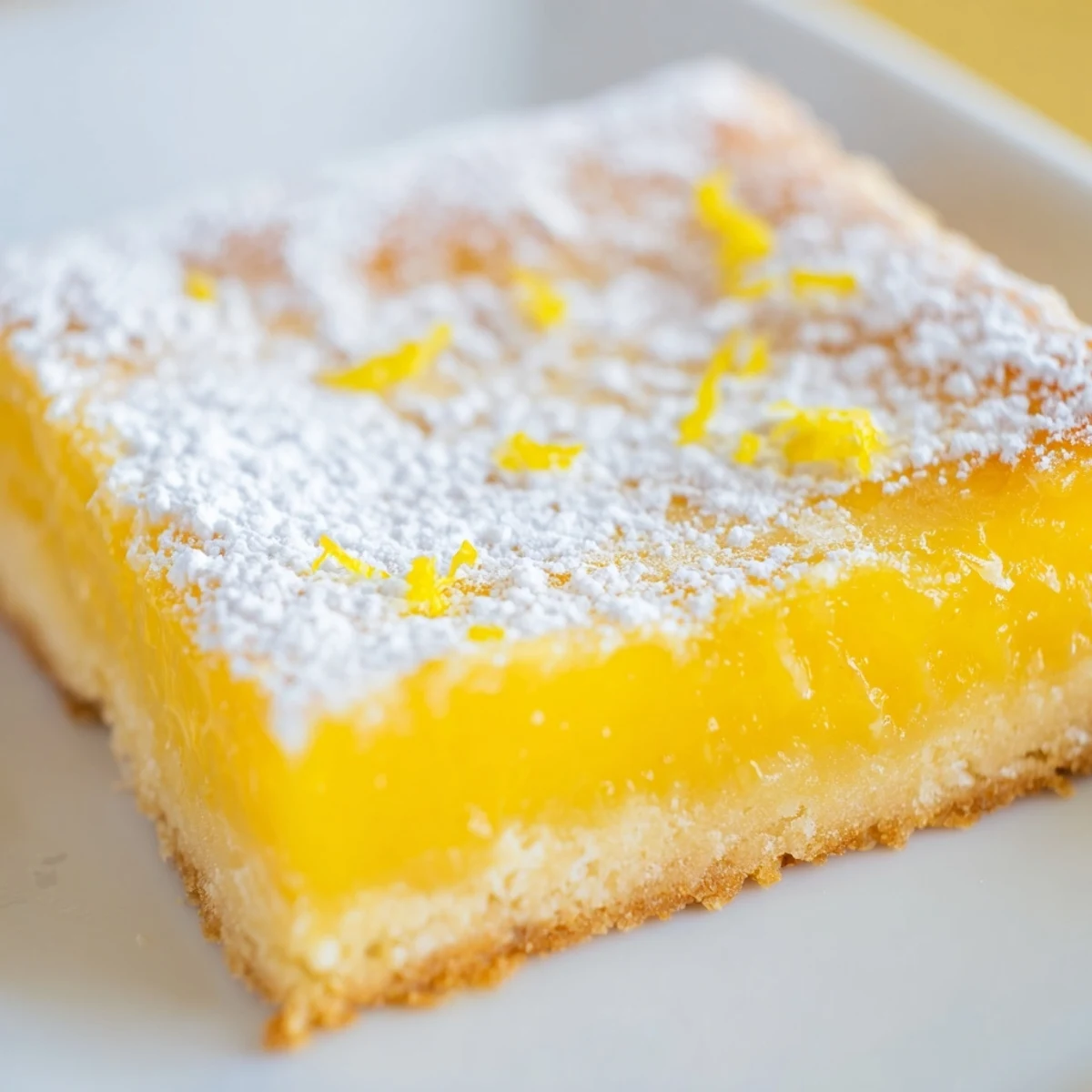 Golden simple lemon bars dusted with powdered sugar on a rustic cutting board