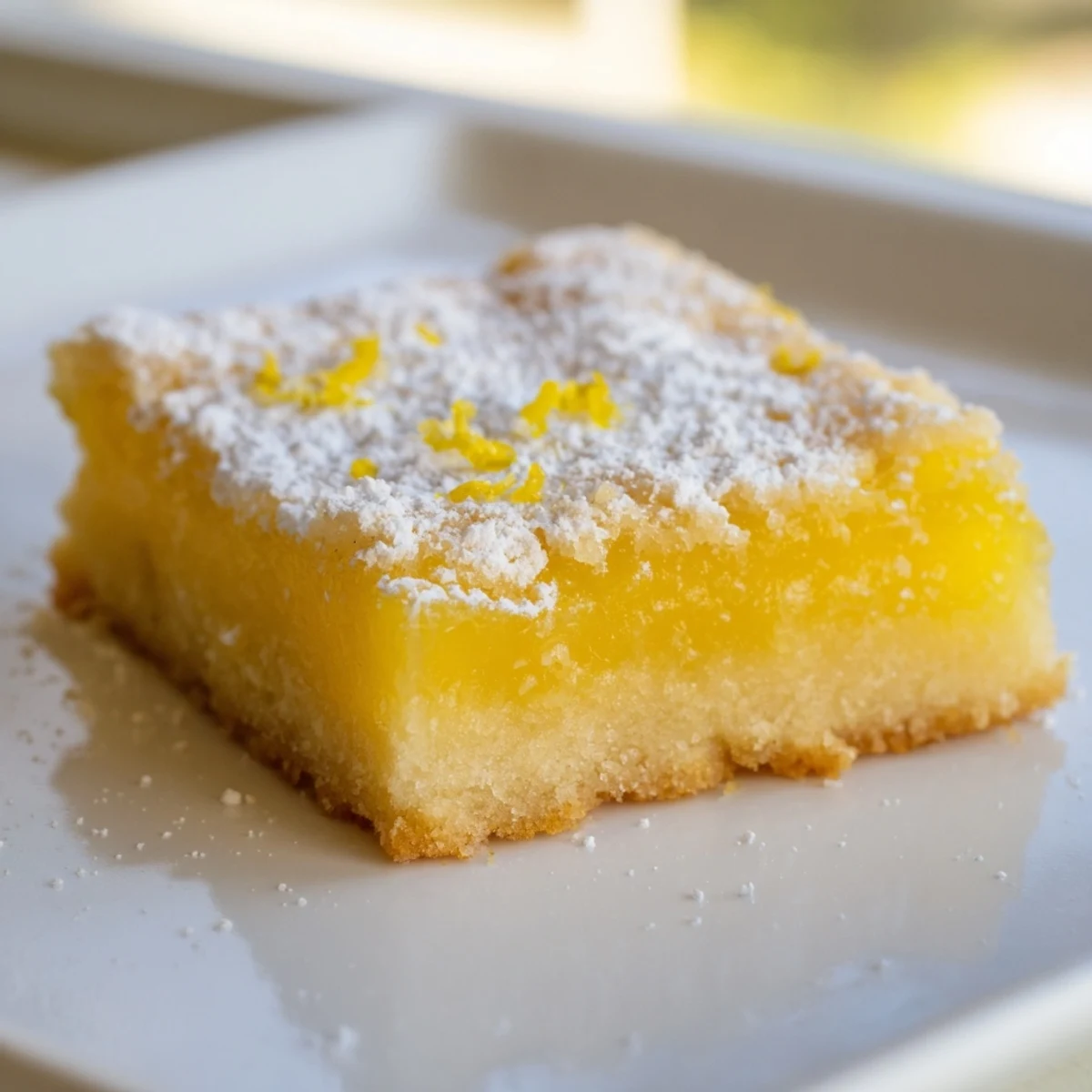Tangy simple lemon bars topped with a snowy layer of powdered sugar ready to serve