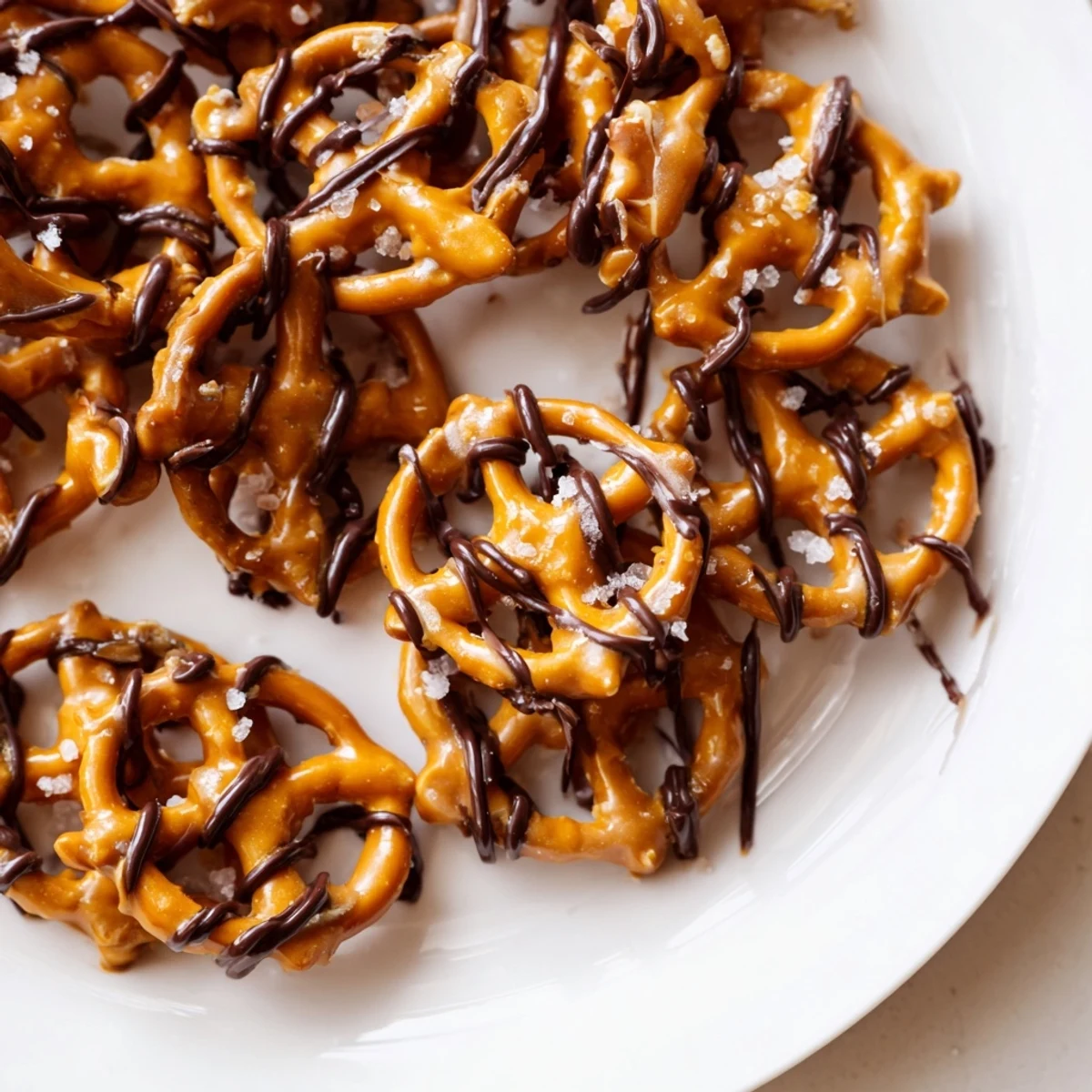 Crunchy butter toffee pretzels coated in caramelized toffee and finished with sea salt flakes
