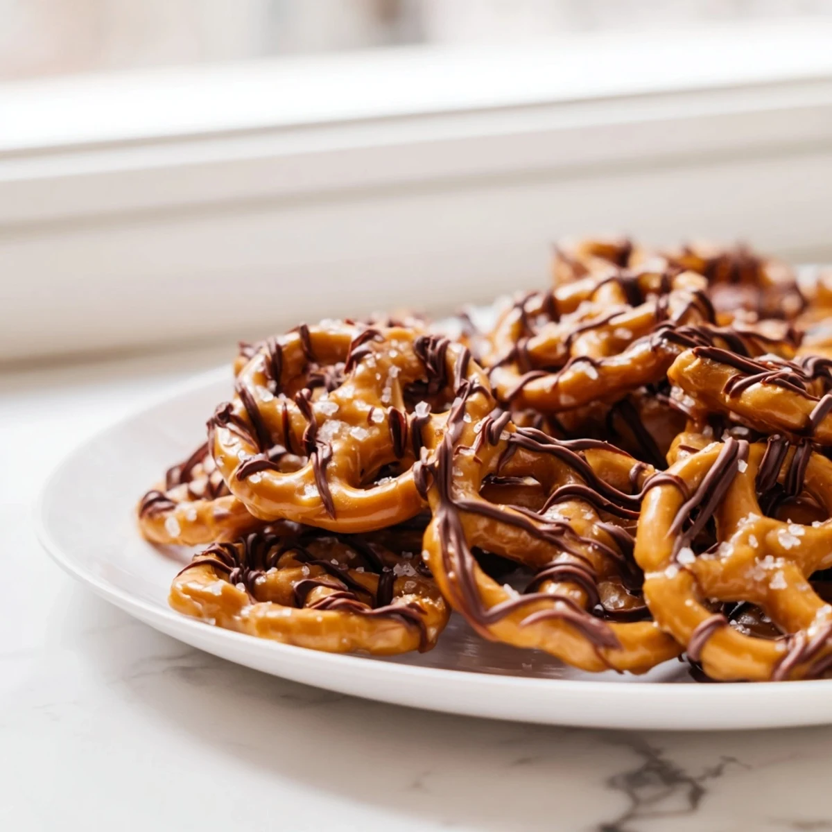 Golden butter toffee pretzels glistening with a rich chocolate drizzle on parchment paper