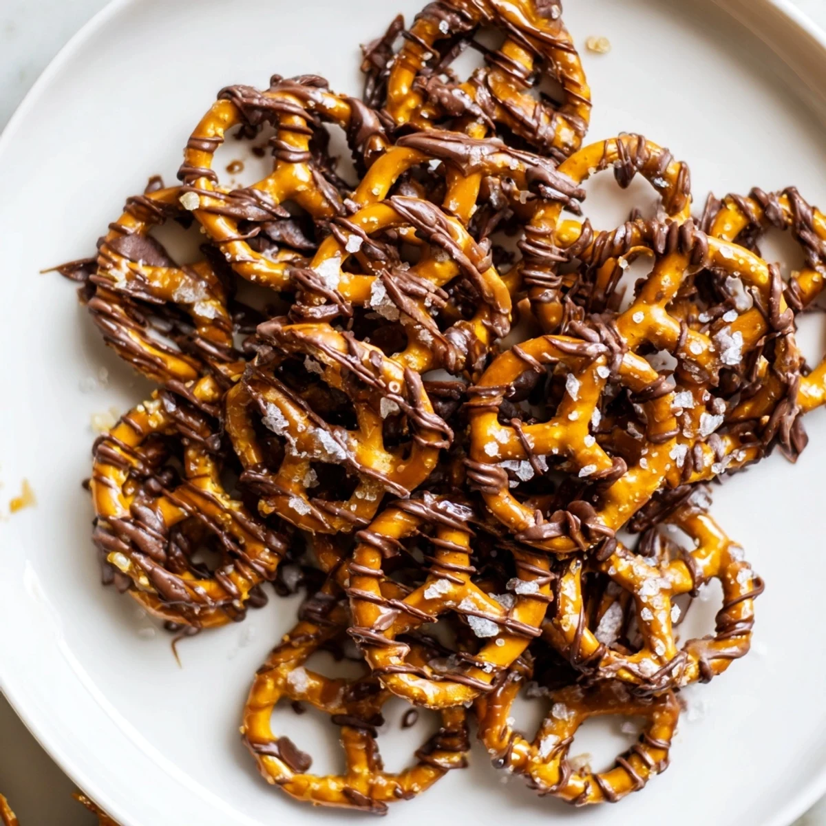 Warm butter toffee pretzels spread on a baking sheet topped with melted semi-sweet chocolate