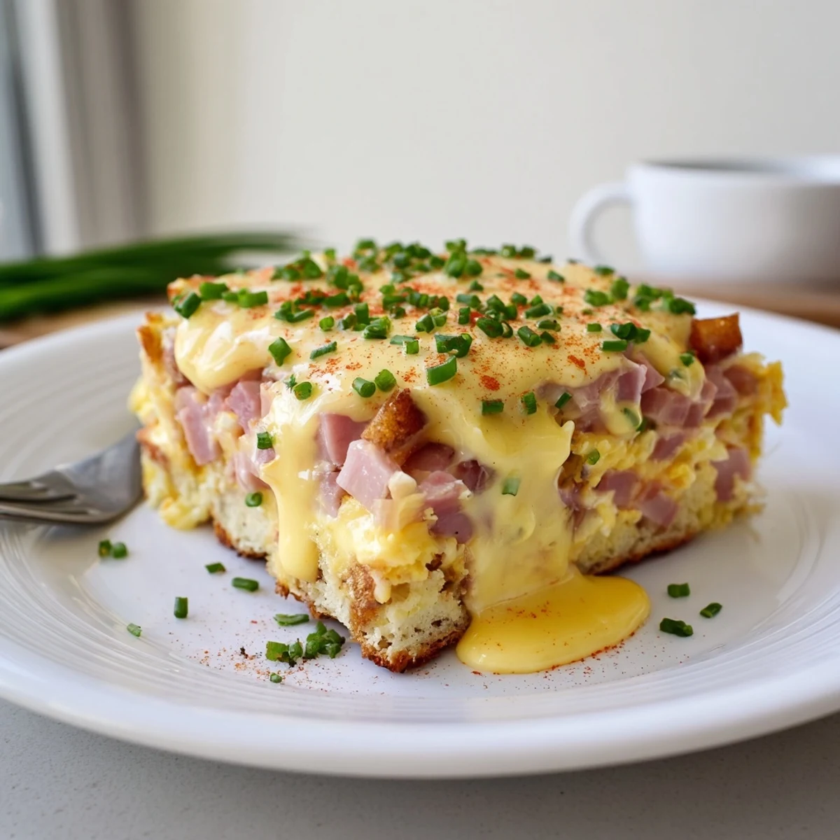 A golden scoop of Eggs Benedict Casserole dripping with creamy hollandaise and fresh chives.