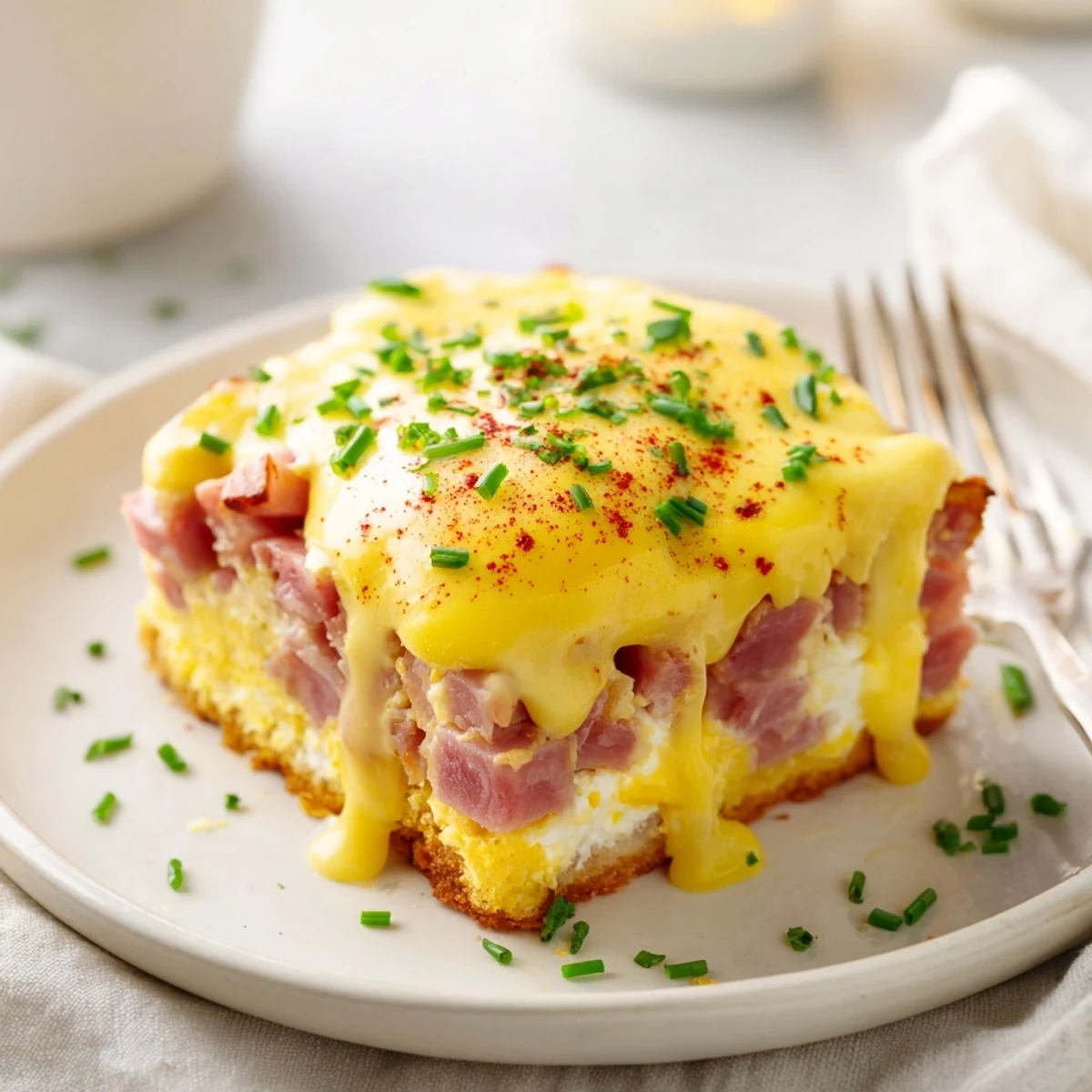 Warm Eggs Benedict Casserole fresh from the oven, smothered in buttery hollandaise.
