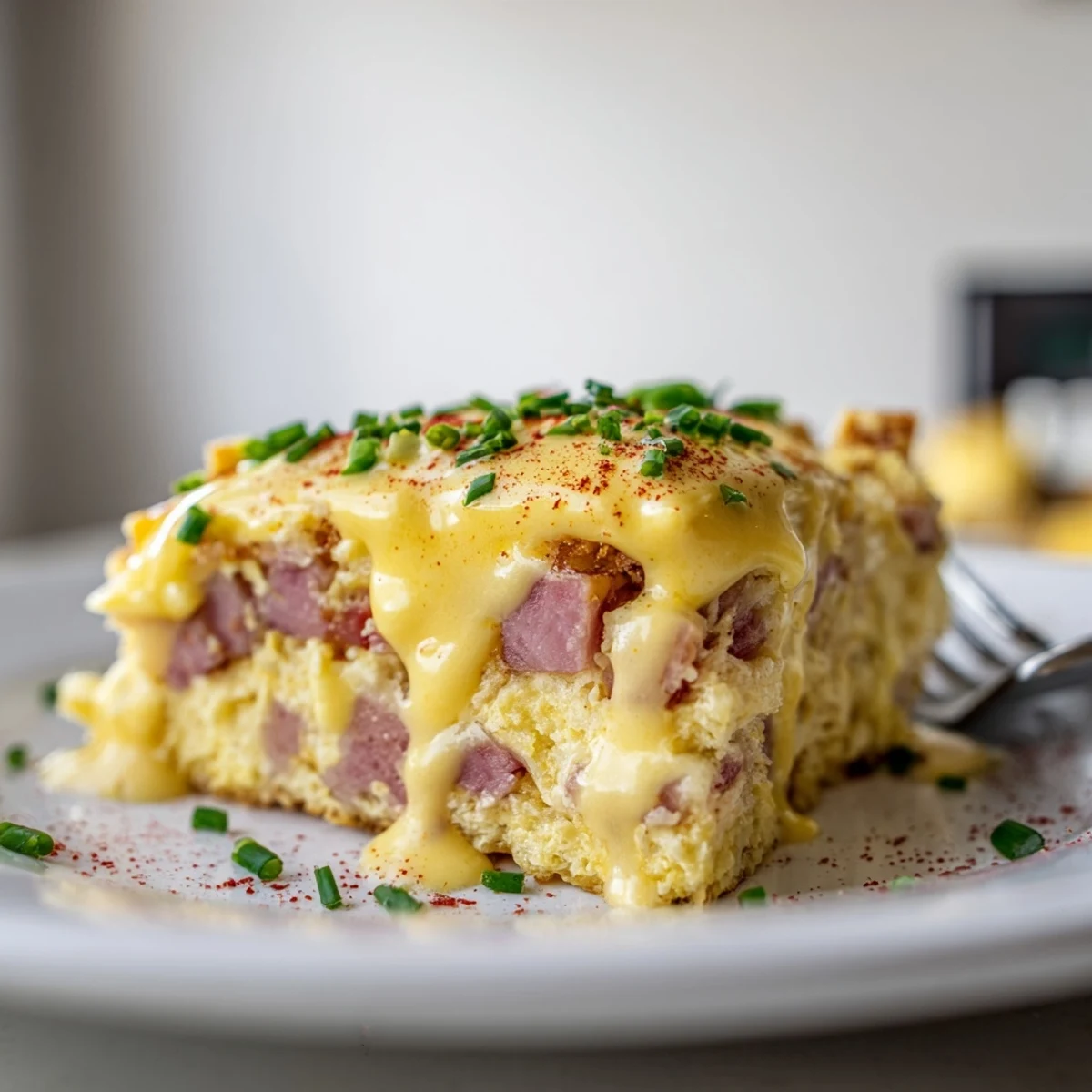 A thick slice of brunch-ready Eggs Benedict Casserole layered with savory Canadian bacon.
