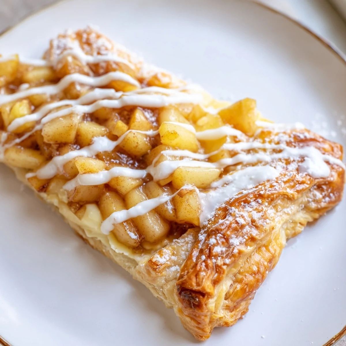 Beautifully drizzled apple cheese danishes arranged on parchment paper for a cozy brunch