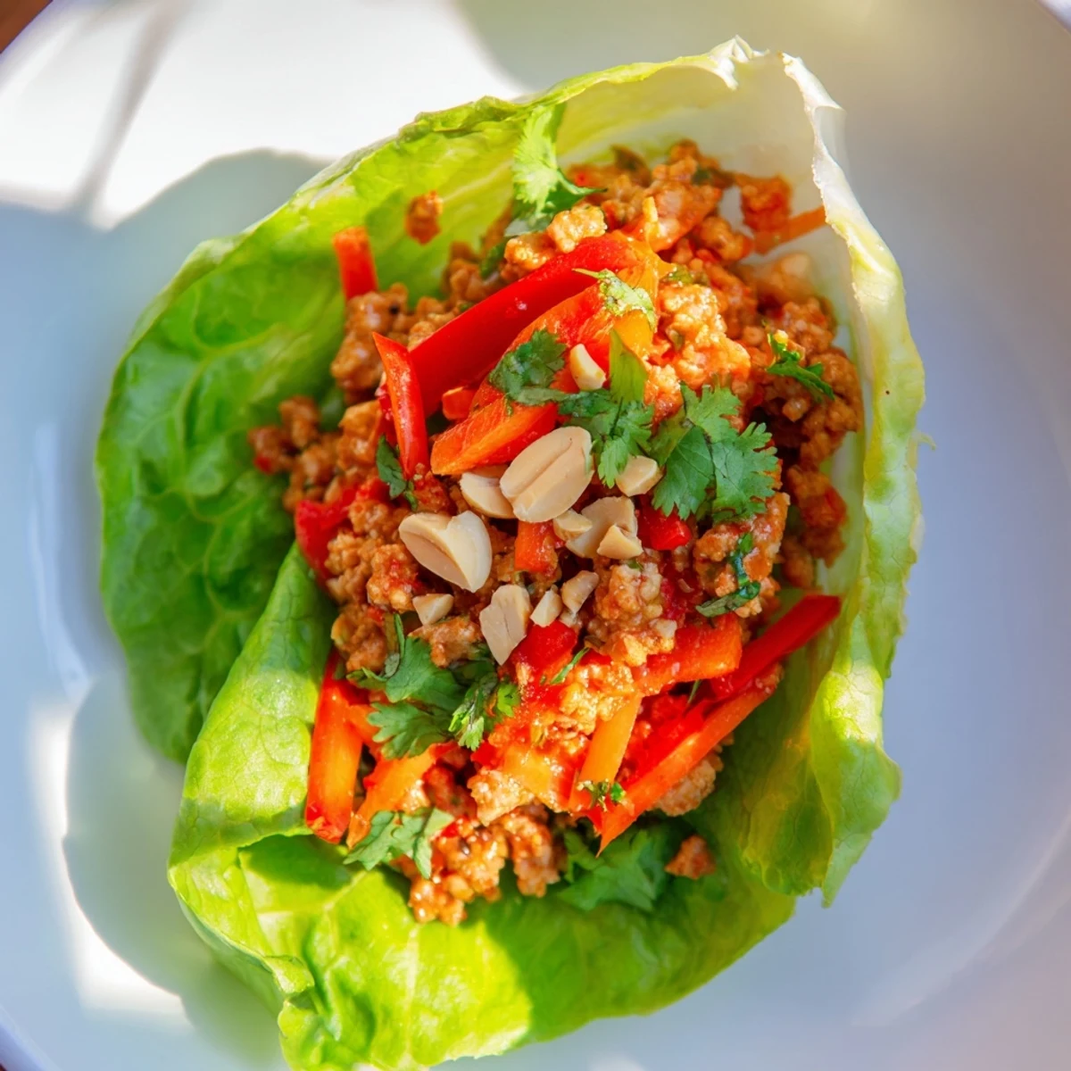 Fresh Thai Chicken Lettuce Wraps filled with savory chicken and crisp vegetables in butter lettuce.