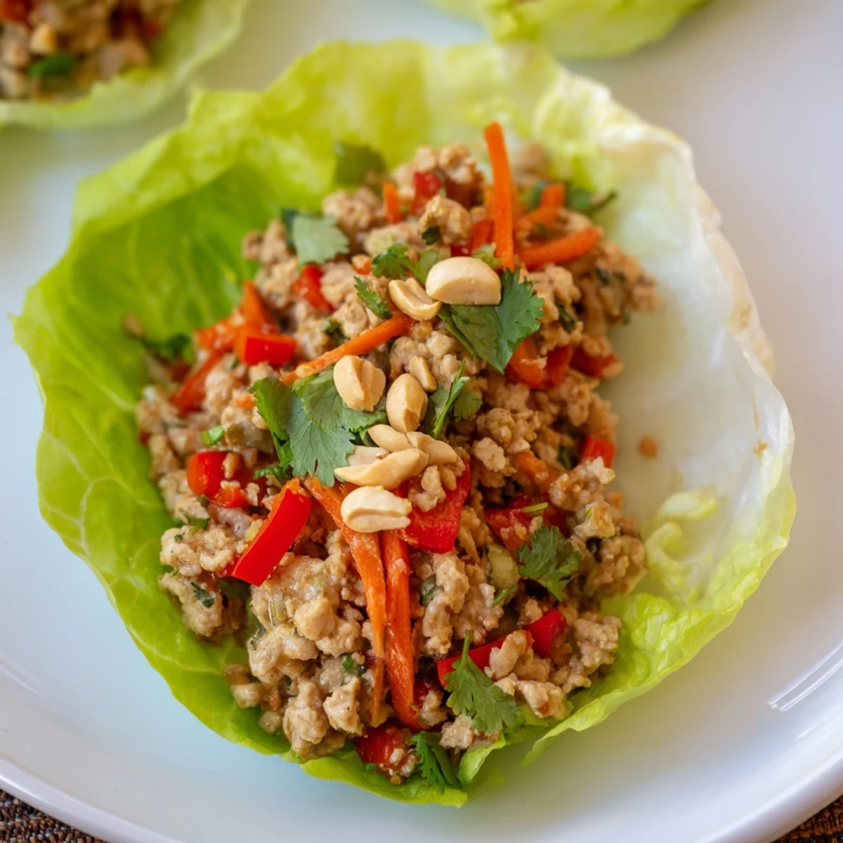 Healthy Thai Chicken Lettuce Wraps served on a platter with cool lettuce cups and herbs.