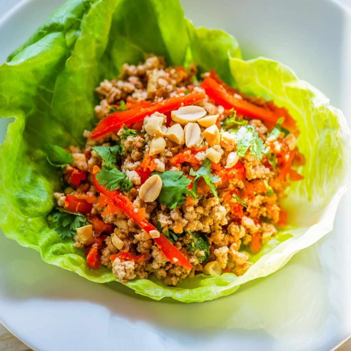 Savory minced Thai Chicken Lettuce Wraps garnished with peanuts, cilantro, and fresh lime wedges.