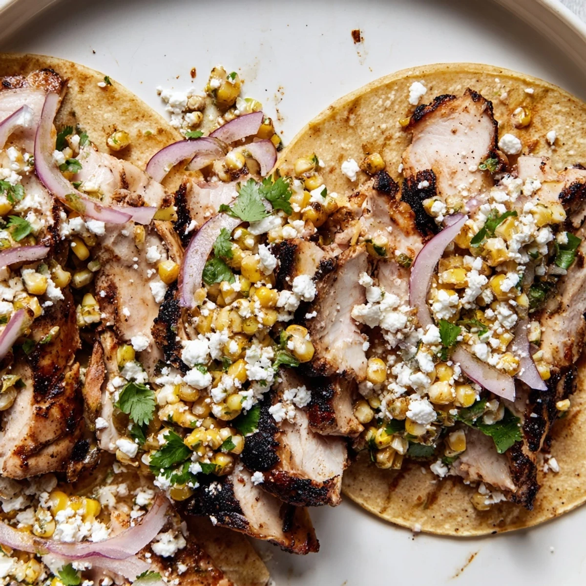 Golden grilled chicken tacos topped with creamy street corn and fresh cilantro  