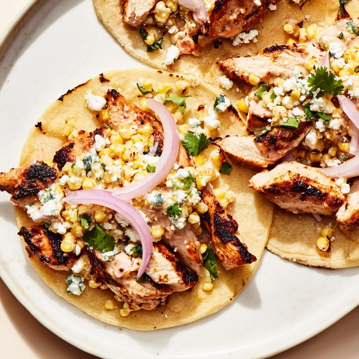 Warm tortillas filled with spiced chicken and zesty corn mixture  