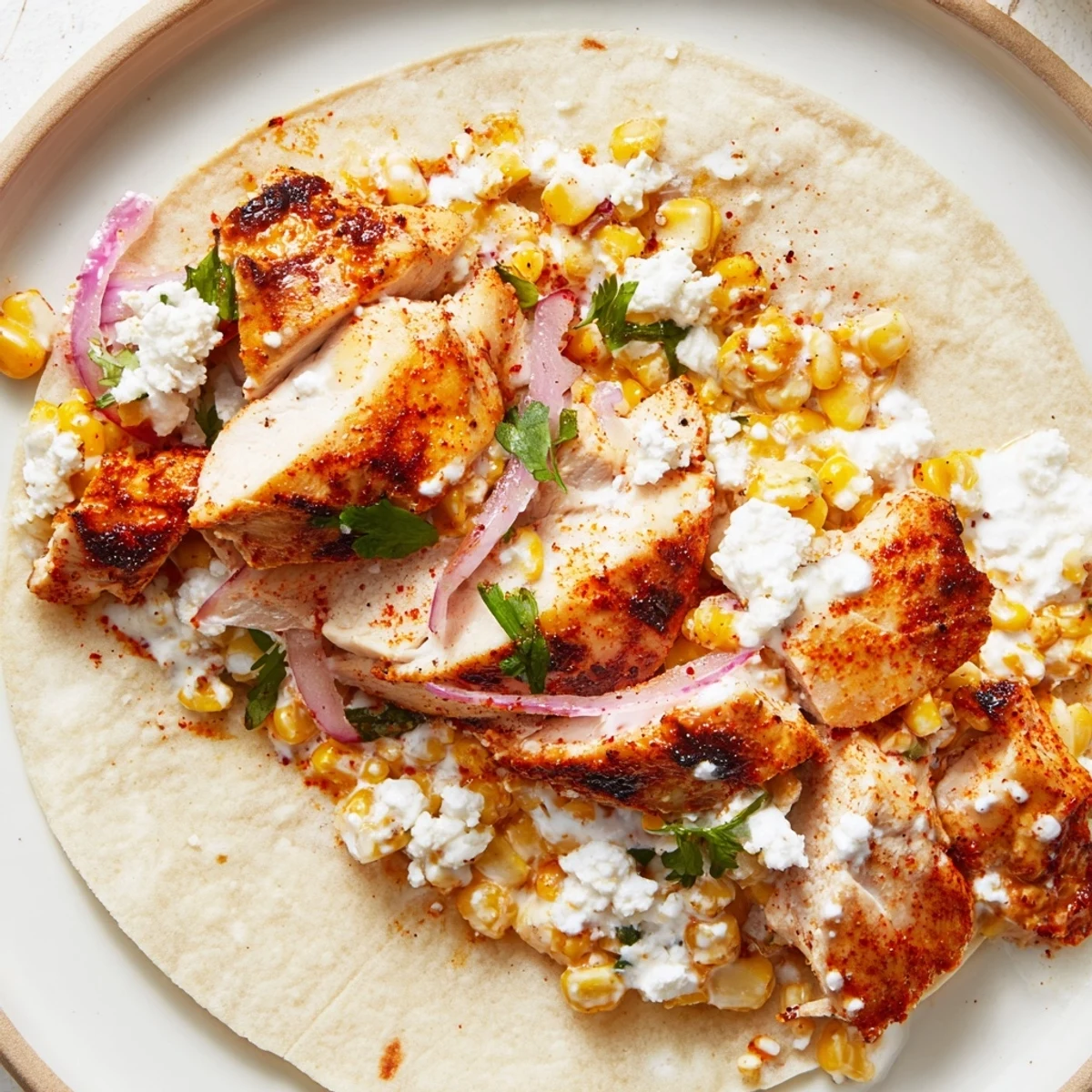 Street corn chicken tacos garnished with red onion and crumbled cheese