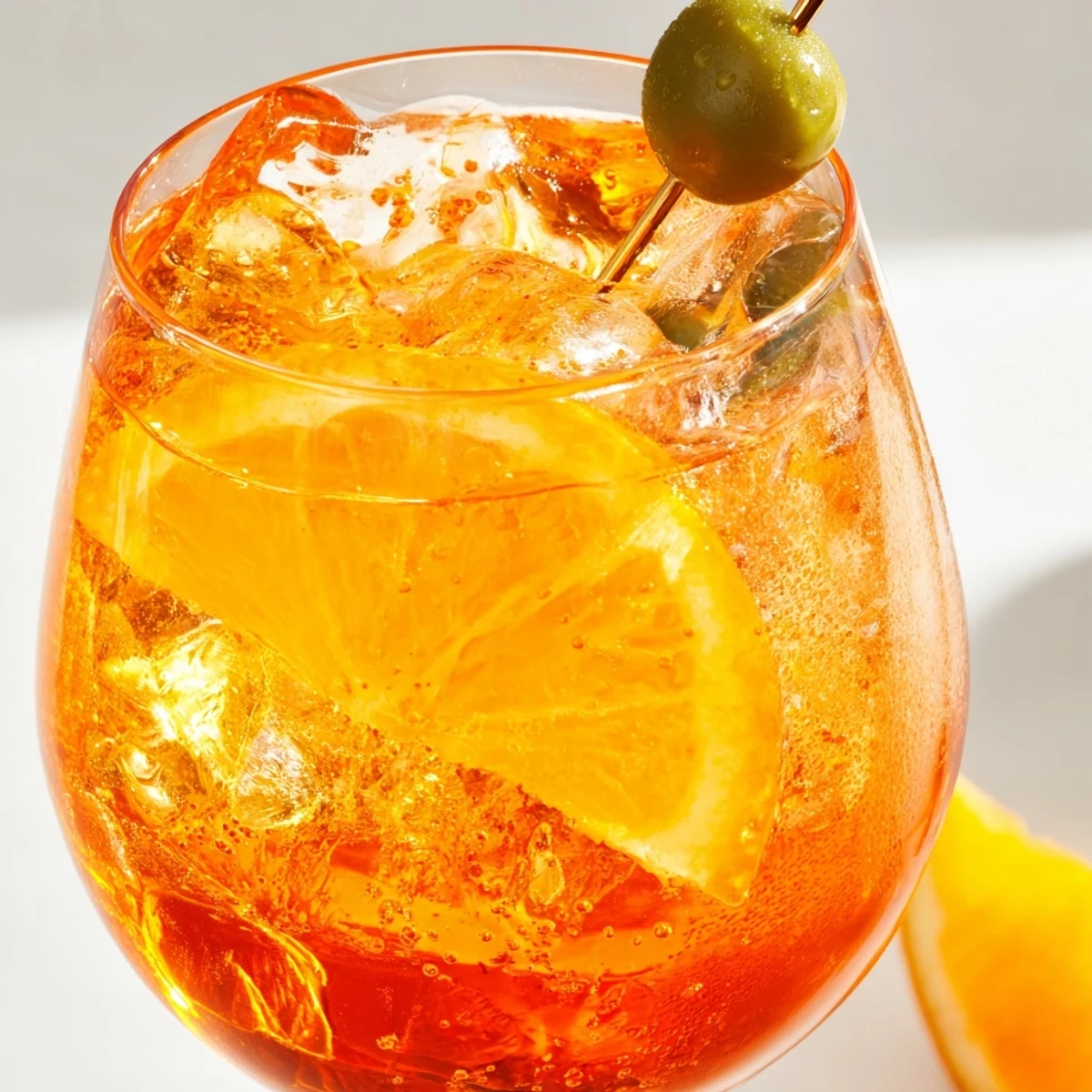 Glass of bright orange Spritz cocktail garnished with fresh orange slice and ice.  