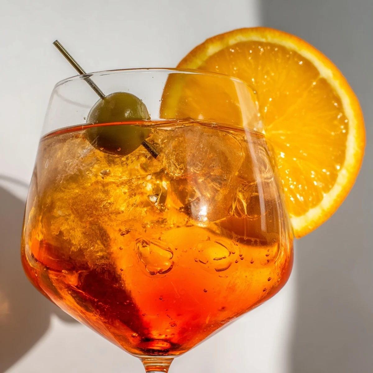 Refreshing Italian Spritz with prosecco, Aperol, and a soda water sparkle on ice.  