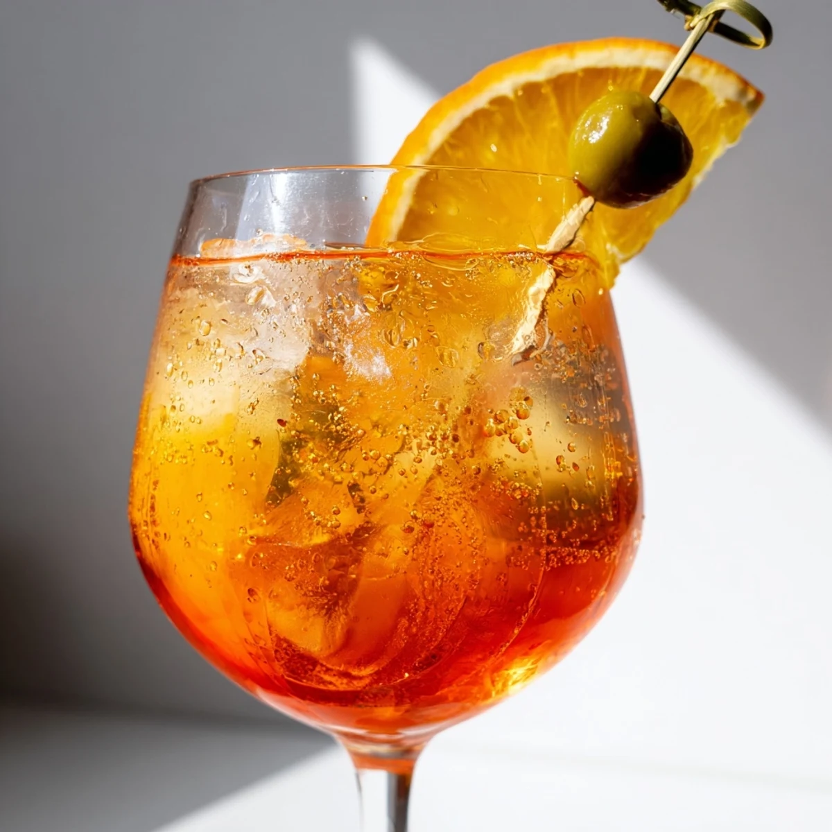 Golden Spritz cocktail served over ice with a zesty orange wheel garnish.