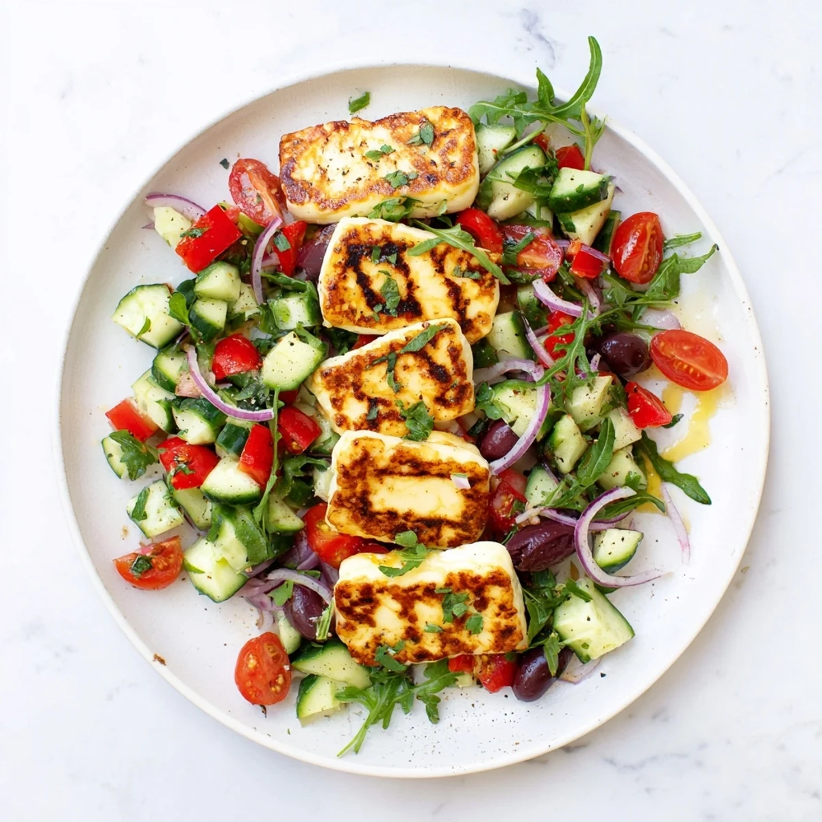 Golden grilled halloumi served atop a vibrant Mediterranean salad with fresh herbs  