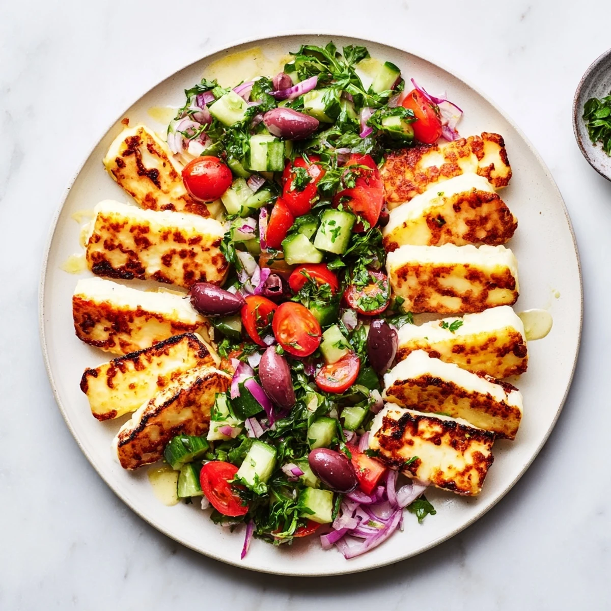 A colorful Mediterranean salad topped with golden, salty grilled halloumi cheese strips