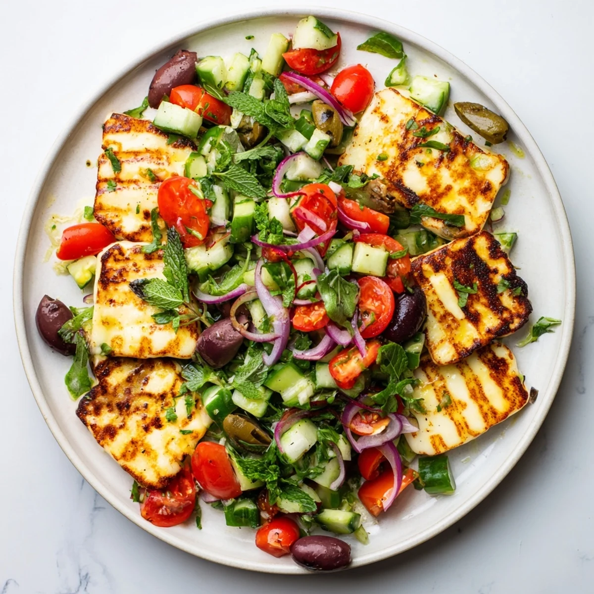 Warm grilled halloumi slices paired with crisp vegetables and tangy lemon dressing  