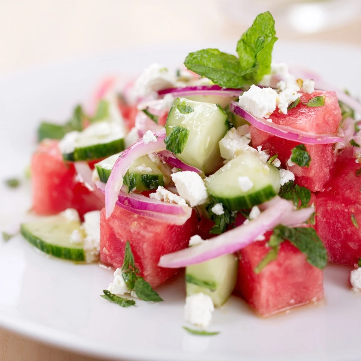 Fresh watermelon cucumber salad with mint and tangy lime dressing.  