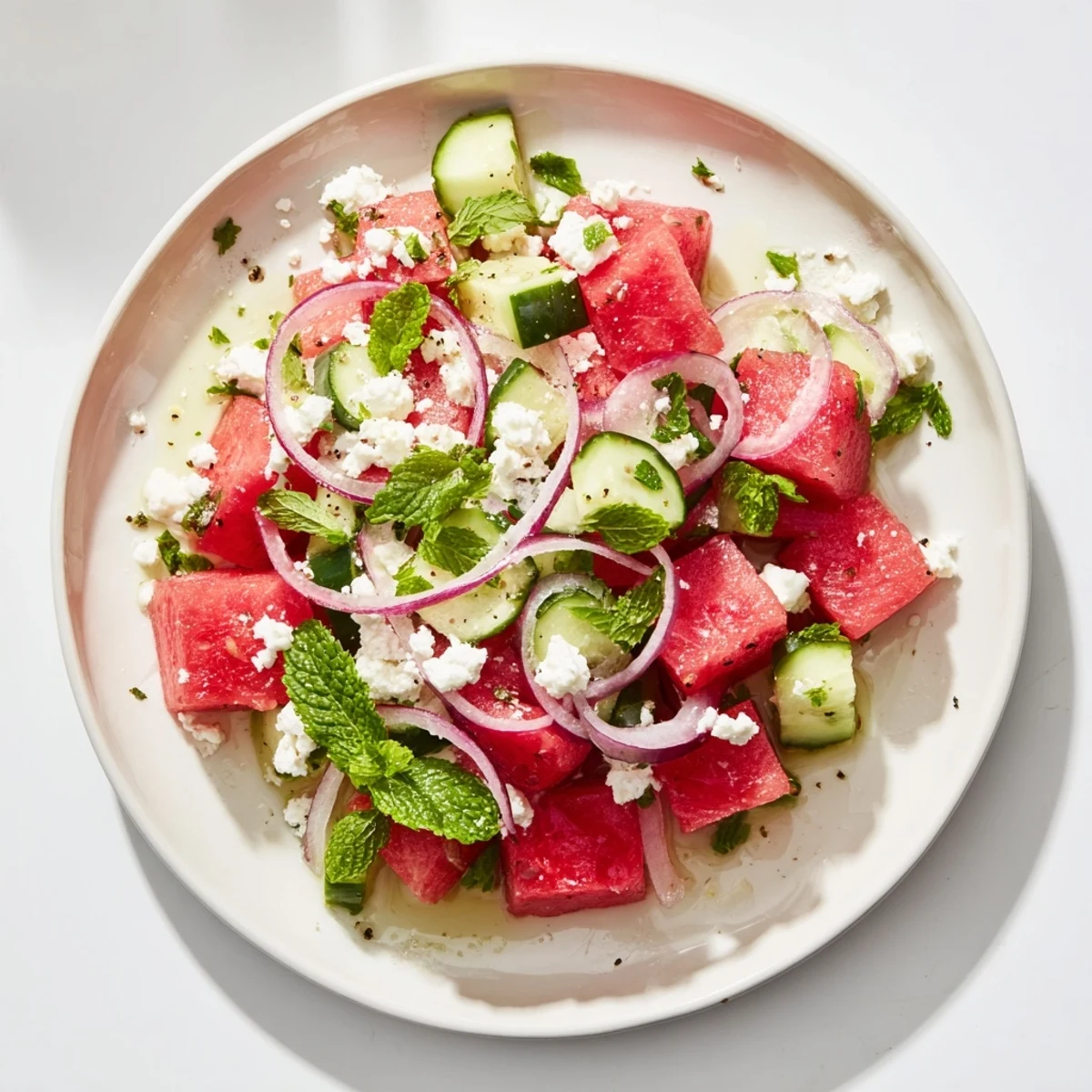 Crisp diced watermelon and cucumber tossed in a light lime vinaigrette.  