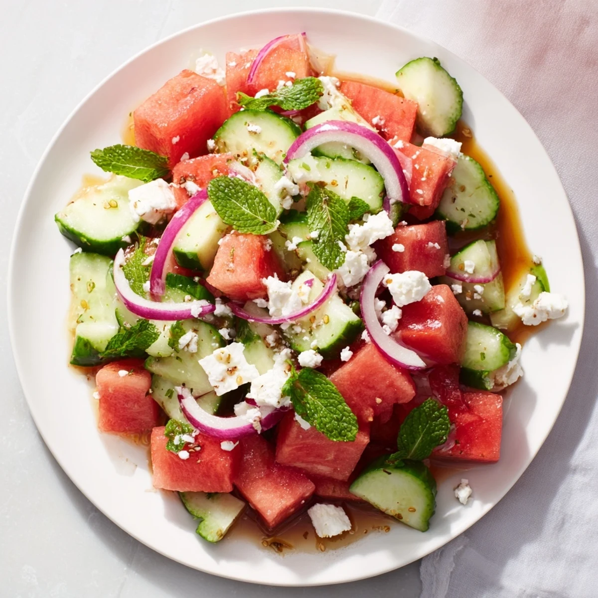 Colorful bowl of watermelon cucumber salad topped with feta and mint.
