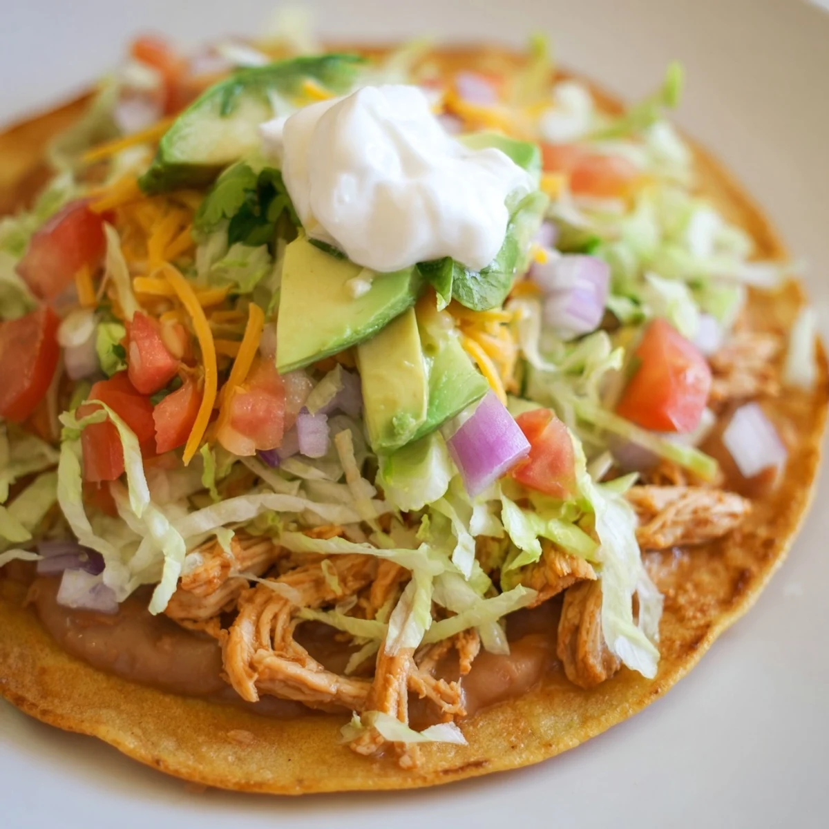 Golden Chicken Tostadas loaded with fresh lettuce, cheese, and creamy avocado slices.  