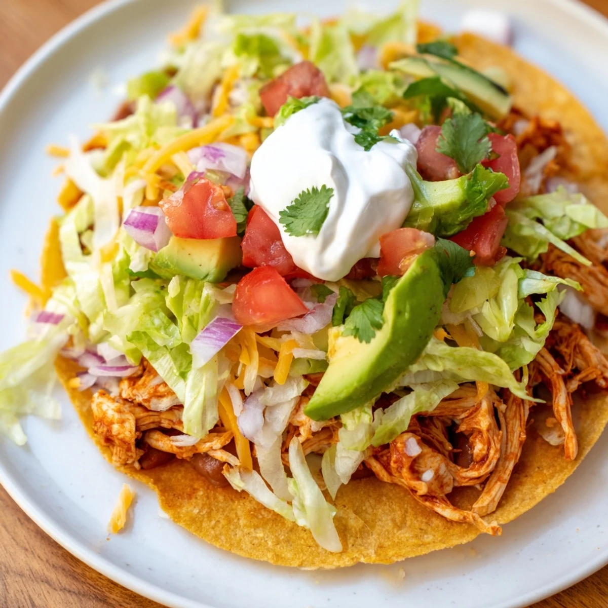 Crispy tortilla shells topped with spiced chicken, beans, and vibrant Mexican toppings.  