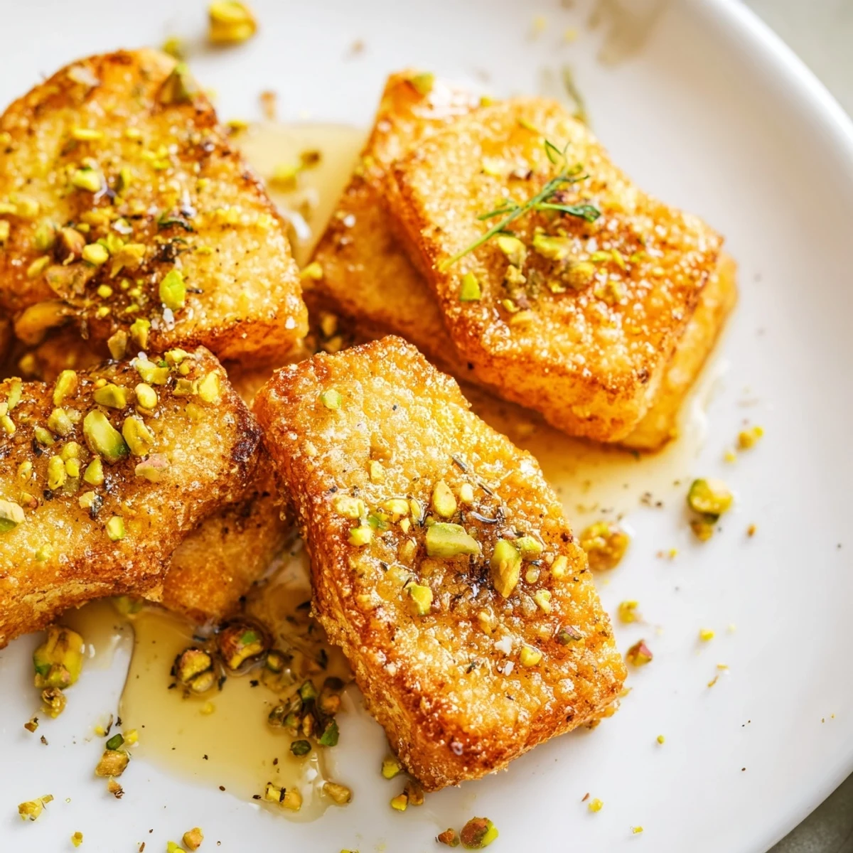 Savory Honey Halloumi with fresh herbs and a honey glaze on a white plate  