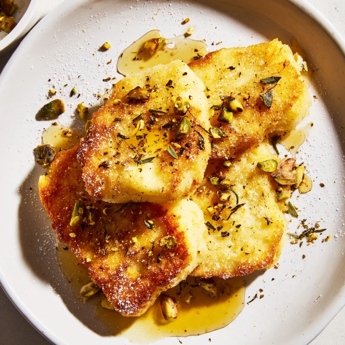 Crispy pan-fried Honey Halloumi sprinkled with pistachios and thyme for a Mediterranean appetizer